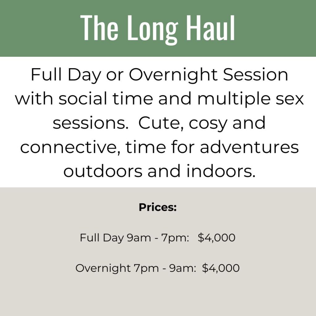 The Long Haul - Full day or overnight session with social time and multiple sex sessions.